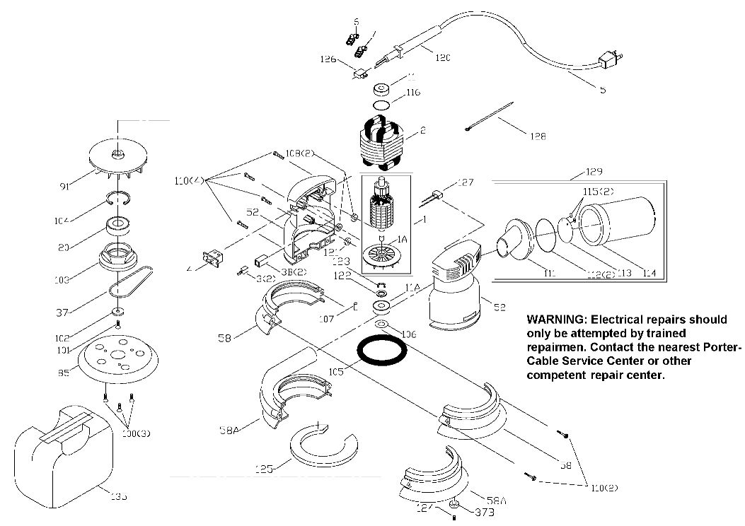 Default Diagram and Parts List for Type 3 Porter Cable Orbital or Palm Sander